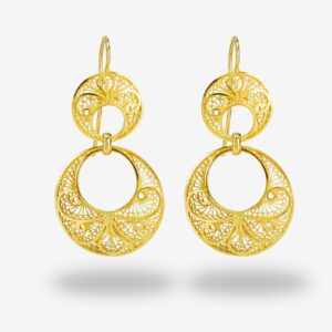 Gold filigree earrings with intricate design.