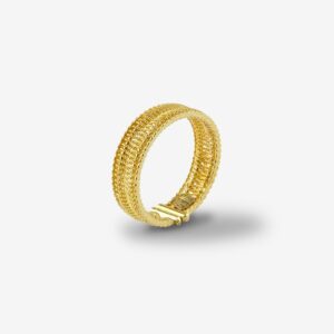 Gold textured ring on white background.