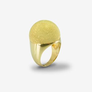 Gold ring with textured spherical design.
