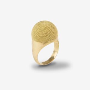 Gold ring with textured spherical design.