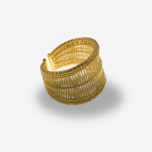 Golden woven bracelet on white background.