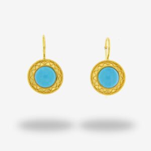 Gold earrings with blue circular stones.