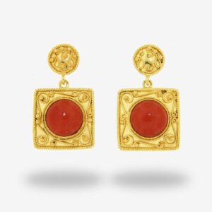 Gold earrings with red circular accents.