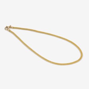Gold snake chain necklace on white background.