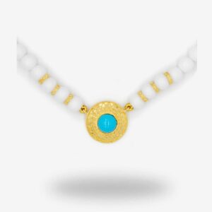 Gold and turquoise pendant on white beads.